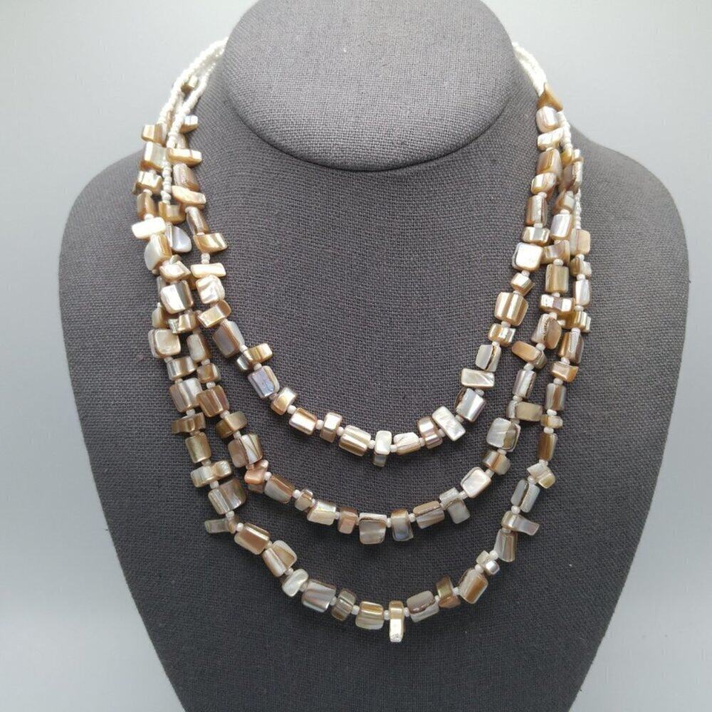 Abalone Shell Three Strand Necklace, Glass White Seed Beads, 19 Inches